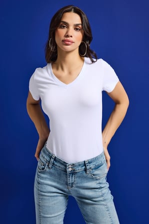 Kadın Beyaz s6-2 V Yaka %100 Organik Pamuk Esnek Kumaş T-Shirt