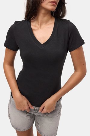 Kadın Siyah s6-1 V Yaka %100 Organik Pamuk Esnek Kumaş T-Shirt