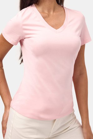 Kadın Light Pembe s6-98 V Yaka %100 Organik Pamuk Esnek Kumaş T-Shirt