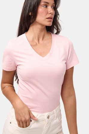 Kadın Light Pembe s6-98 V Yaka %100 Organik Pamuk Esnek Kumaş T-Shirt