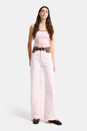 Kadın Pembe 3s6-98 Wide Leg Etnik Desenli Tasarım Denim Jean