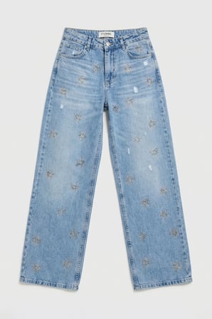 Kadın Mavi T1-12s6-99 Straight Fit Parlak Yıldız Taşlı Özel Tasarım Denim Jean