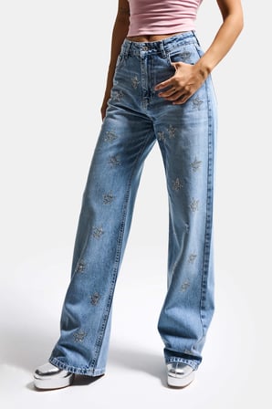 Kadın Mavi T1-12s6-99 Straight Fit Parlak Yıldız Taşlı Özel Tasarım Denim Jean