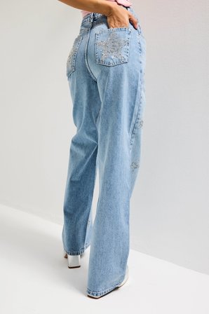 Kadın Mavi T1-12s6-99 Straight Fit Parlak Yıldız Taşlı Özel Tasarım Denim Jean