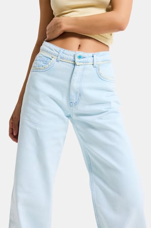 Kadın Bebe Mavi 3s6-103 Loose Fit Özel Yıkama Tasarım Denim Jean
