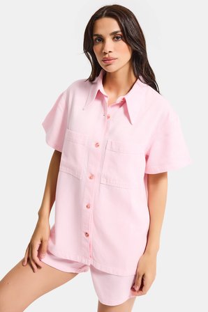 Kadın Light Pembe 6s6-98 Oversize %100 Koton Pamuk Denim Gömlek