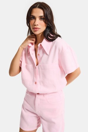 Kadın Light Pembe 6s6-98 Oversize %100 Koton Pamuk Denim Gömlek