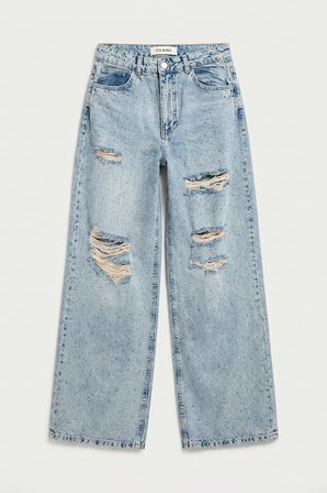 Kadın Kot Rengi T-12s6-32 Süper Baggy Orta Bel Parlak Taşlı Özel Tasarım Denim Jean