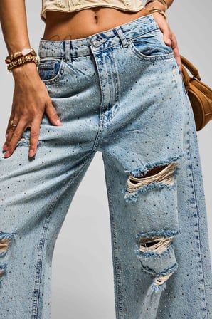 Kadın Kot Rengi T-12s6-32 Süper Baggy Orta Bel Parlak Taşlı Özel Tasarım Denim Jean