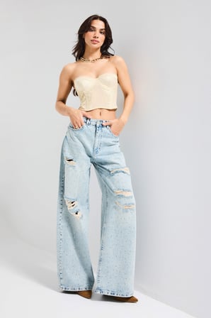 Kadın Kot Rengi T-12s6-32 Süper Baggy Orta Bel Parlak Taşlı Özel Tasarım Denim Jean