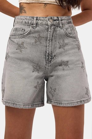 Kadın Füme T-4s6-12 Mom Relax Yıldız Detaylı Tasarım Denim Şort