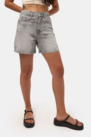 Kadın Füme T-4s6-12 Mom Relax Yıldız Detaylı Tasarım Denim Şort