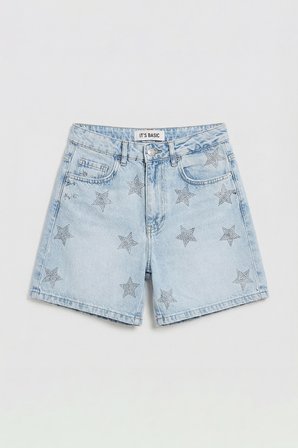 Kadın Kot Rengi T-4s6-3 Mom Fit Midi Boy Parlak Yıldız Taşlı Özel Tasarım Denim Şort