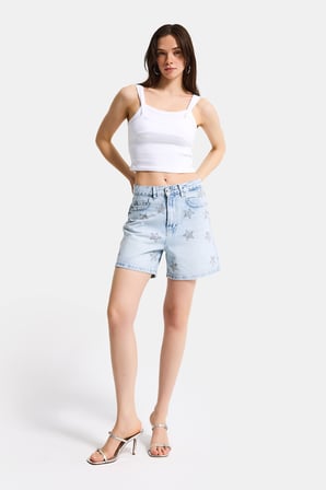 Kadın Kot Rengi T-4s6-3 Mom Fit Midi Boy Parlak Yıldız Taşlı Özel Tasarım Denim Şort