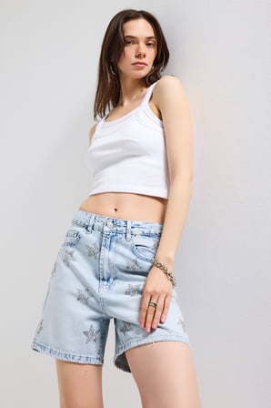 Kadın Kot Rengi T-4s6-3 Mom Fit Midi Boy Parlak Yıldız Taşlı Özel Tasarım Denim Şort