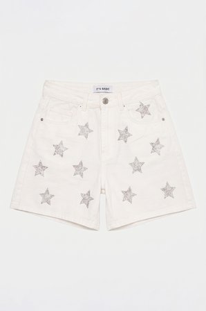 Kadın Kırık Beyaz T-7s6-101 Mom Relax Yıldız Detaylı Tasarım Denim Şort