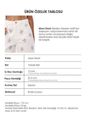 Kadın Kırık Beyaz T-7s6-101 Mom Relax Yıldız Detaylı Tasarım Denim Şort