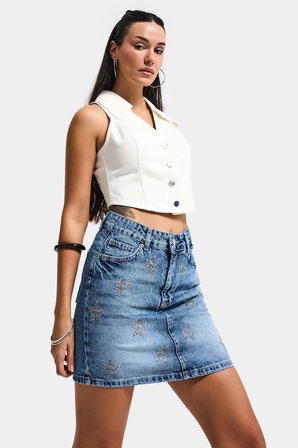 Kadın Mavi T-4s6-4 Straight Mini Parlak Yıldız Taşlı Özel Tasarım Denim Etek