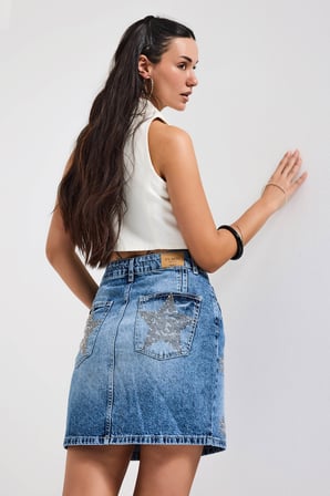 Kadın Mavi T-4s6-4 Straight Mini Parlak Yıldız Taşlı Özel Tasarım Denim Etek