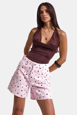 Kadın Pembe Puantiye P1-6s6-98 Midi Mom Şort
