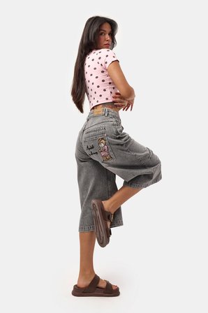 Kadın Füme 12s6-13 Baggy Fit Maxi Denim Tasarım Bermuda Şort