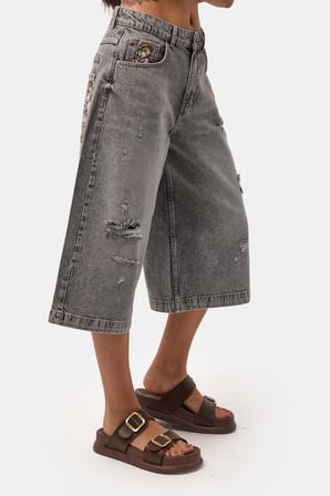 Kadın Füme 12s6-13 Baggy Fit Maxi Denim Tasarım Bermuda Şort