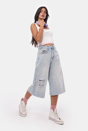 Kadın Ice 12s6-89 Baggy Fit Maxi Denim Tasarım Bermuda Şort