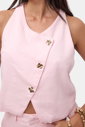 Kadın Pembe 6s6-98 Crop Özel Tasarım Organik Keten Yelek