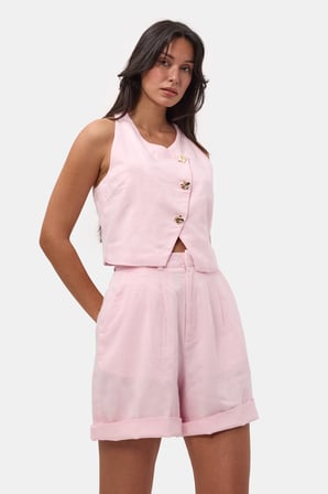 Kadın Pembe 6s6-98 Crop Özel Tasarım Organik Keten Yelek