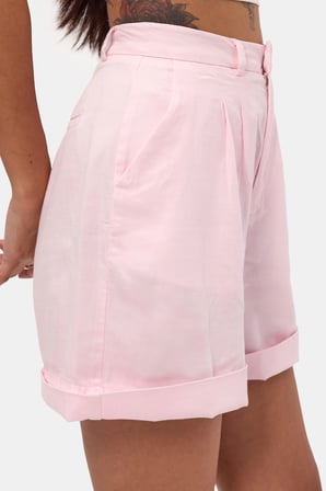 Kadın Pembe 6s6-98 Mom Relax Fit Organik Keten Kumaş Şort