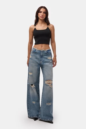 Kadın Kot Rengi 12s6-32 Straight Fit Yırtık Detaylı Tasarım Denim Jean