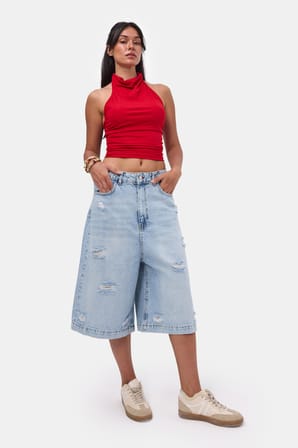 Kadın Kot Rengi 12s6-3 Tasarım Baggy Bermuda Denim Şort