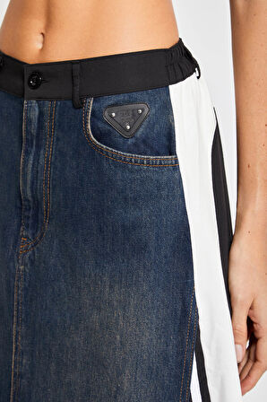 Kadın Kot Rengi Parçalı Kumaş A Tipi Kesim Şerit Detaylı Özel Tasarım Etek