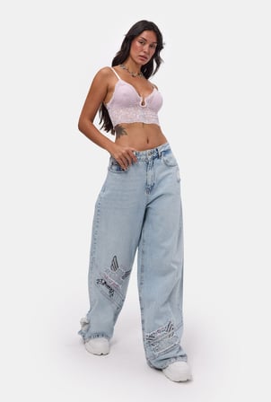 Kadın Ice 12s6-3 Süper Baggy Özel Nakışlı Tasarım Denim Jean
