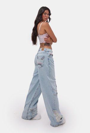 Kadın Ice 12s6-3 Süper Baggy Özel Nakışlı Tasarım Denim Jean
