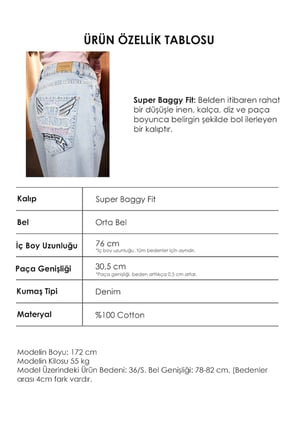 Kadın Ice 12s6-3 Süper Baggy Özel Nakışlı Tasarım Denim Jean