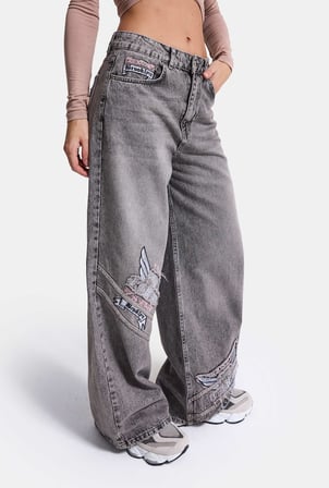 Kadın 4w6-13 Süper Baggy Nakış Tasarım Denim Jean