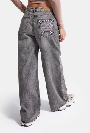 Kadın 4w6-13 Süper Baggy Nakış Tasarım Denim Jean