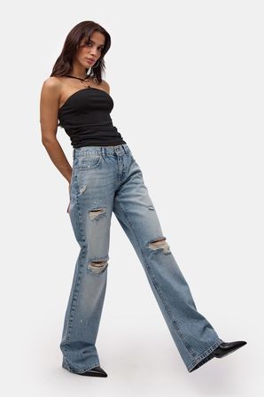 Kadın Kot Rengi 12s6-32 Bootcut Fit Yırtık Detaylı Denim Jean
