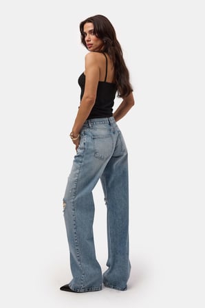 Kadın Kot Rengi 12s6-32 Bootcut Fit Yırtık Detaylı Denim Jean