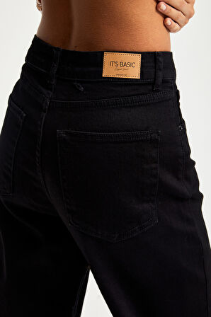 Kadın Siyah Renk 1w5-1 Straight Fit Likralı Esnek Kumaş İç Boy 80cm Yüksek Bel Denim Jean