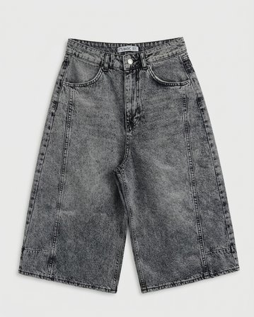Kadın Gri Renk 4s6-13 Mega Baggy Fit Paça ve Cep Detaylı Özel Tasarım Denim Şort