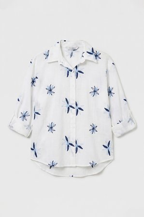 Kadın Beyaz Mavi s6-103 Oversize Nakışlı Gömlek