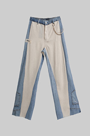 Kadın Tint Bej Renk Palazzo Fit Bol Kesim Aksesuar Detaylı Özel Tasarım Denim Jean