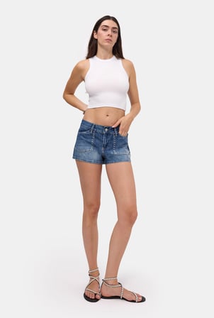Kadın Mavi T-2s6-4 Drop Detaylı Mini Özel Tasarım Denim Şort