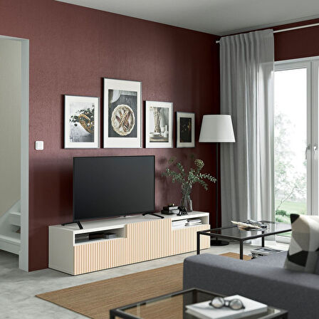 Tv sehpası, beyaz-huş kaplama, 180x42x39 cm, BJORKOVIKEN, çıt çıt raylı