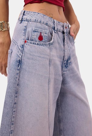Kadın Kot Rengi 4s6-98 Süper Baggy Nakışlı Özel Tasarım Jort