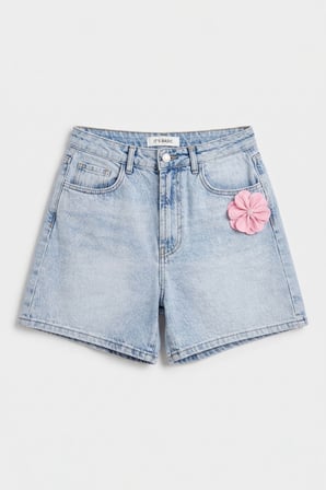 Kadın Mavi 4s6-3 Mom Relax Gül ve Nakış Detaylı Özel Tasarım Denim Şort