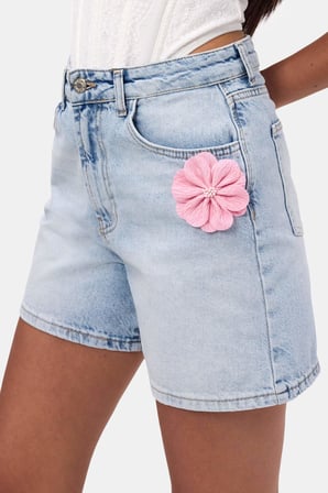 Kadın Mavi 4s6-3 Mom Relax Gül ve Nakış Detaylı Özel Tasarım Denim Şort