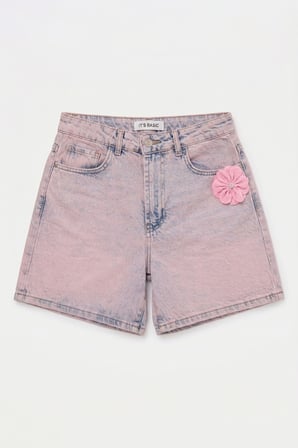 Kadın Kot Pembe 4s6-9 Mom Relax Gül ve Nakış Detaylı Özel Tasarım Denim Şort